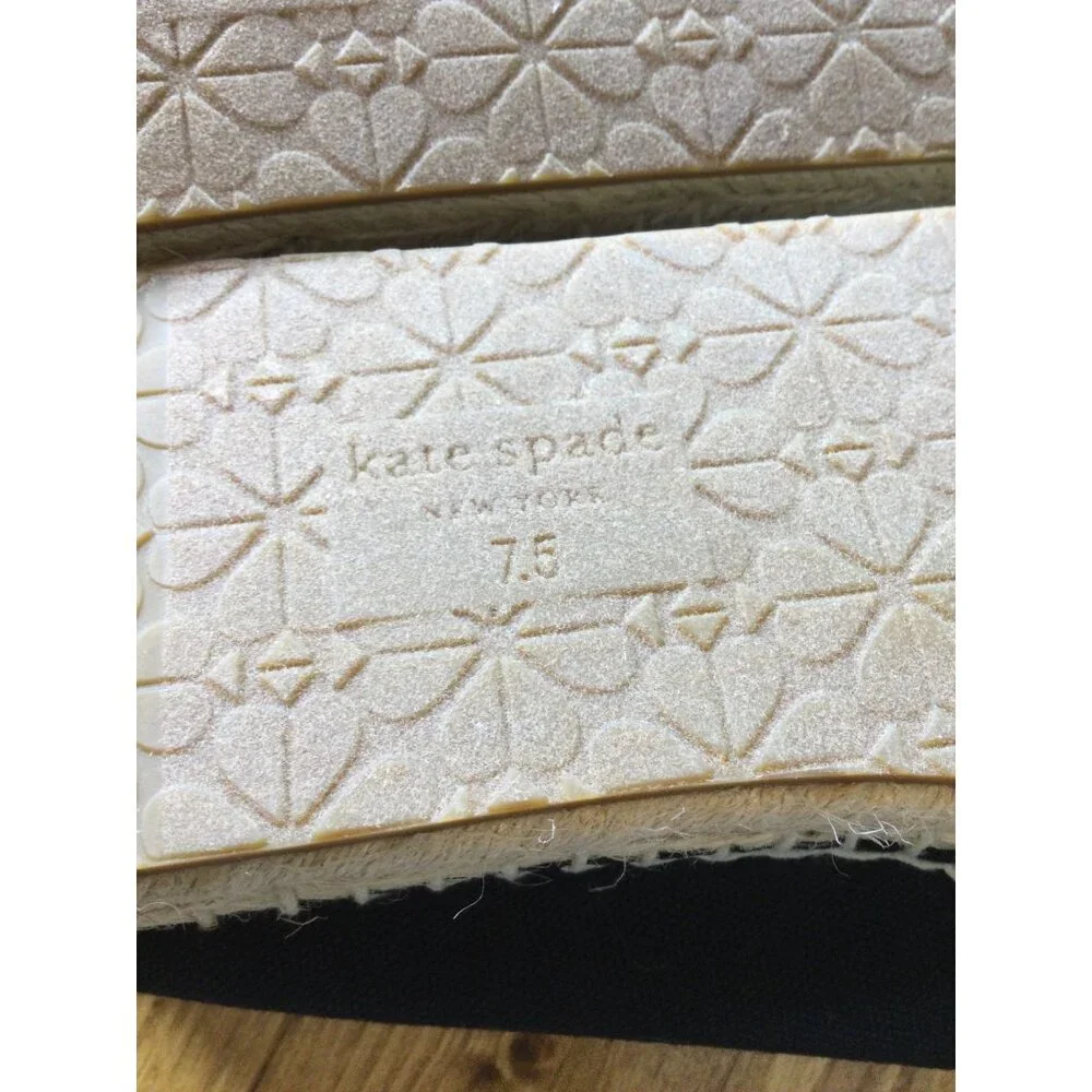 Kate Spade Double Tennis Racket Embroidered Canvas Espadrilles 7.5 Black Gold